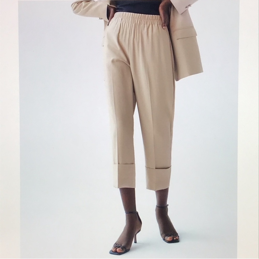 Zara Beige Viscose High Waist Cuffed Pull On Pants Size Small